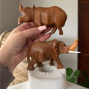 Handcrafted Wooden Rhino and Elephant Figurines